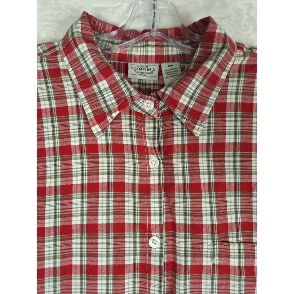 Sonoma Womens 18W (2X) Shirt Red Plaid Short Sleeve Pocket Button Up Farm Cotton